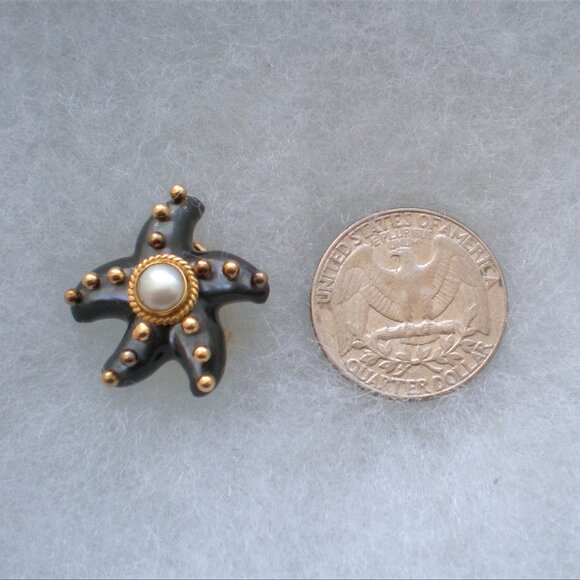 MAZ 14K Yellow Gold Abalone Black MOP Pearl Seastar Starfish Omega Back Earrings - Picture 5 of 8